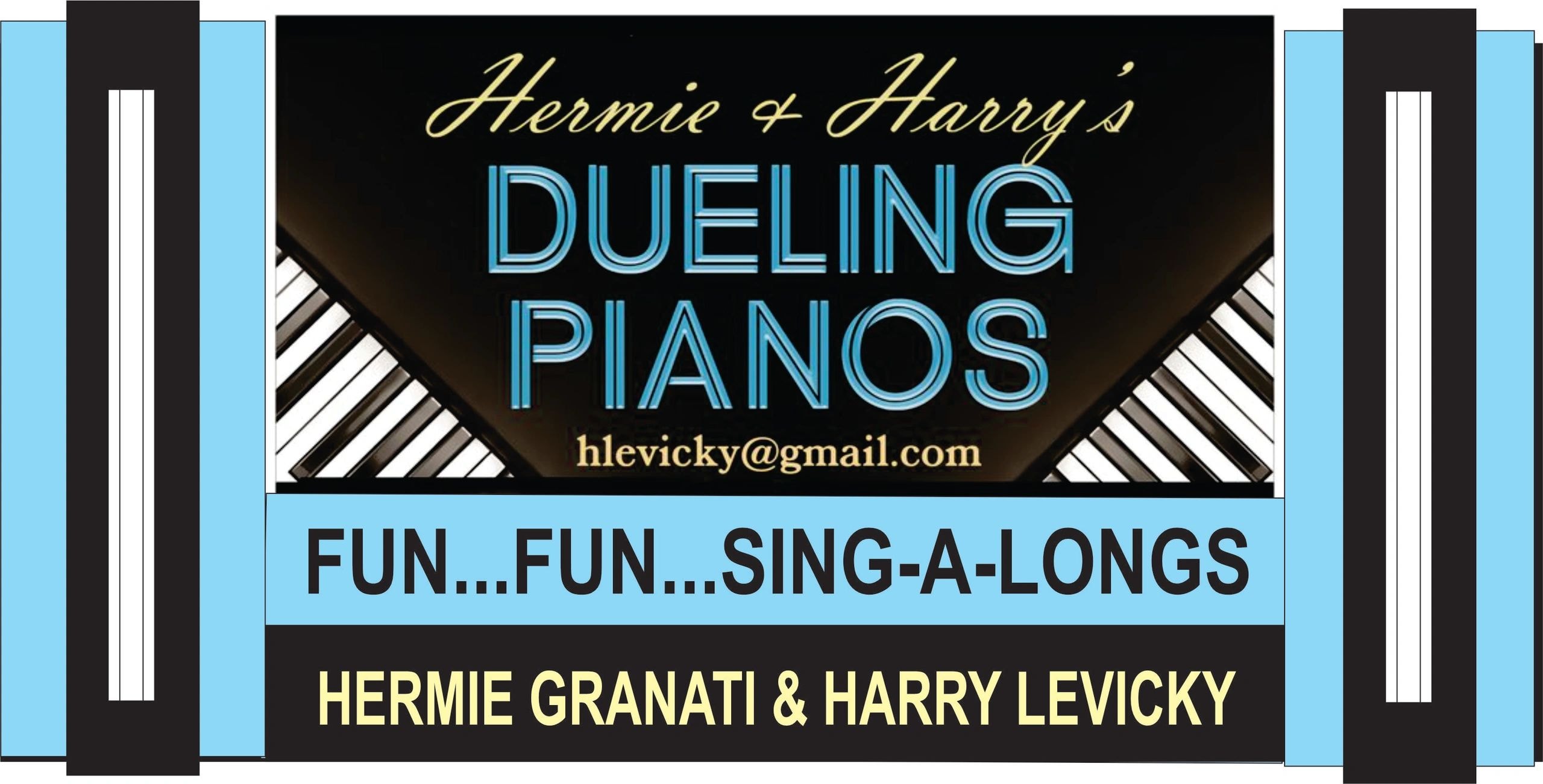 Dueling Pianos business card with side advertisements